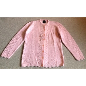 VINTAGE Womens Sweater-WINTUCK-SEARS-pink pointelle cardigan scalloped hem-M